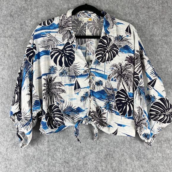 C&C California Linen Blend Top Womens Large Cropped Tie Front Tropical Hawaiian - Picture 1 of 13